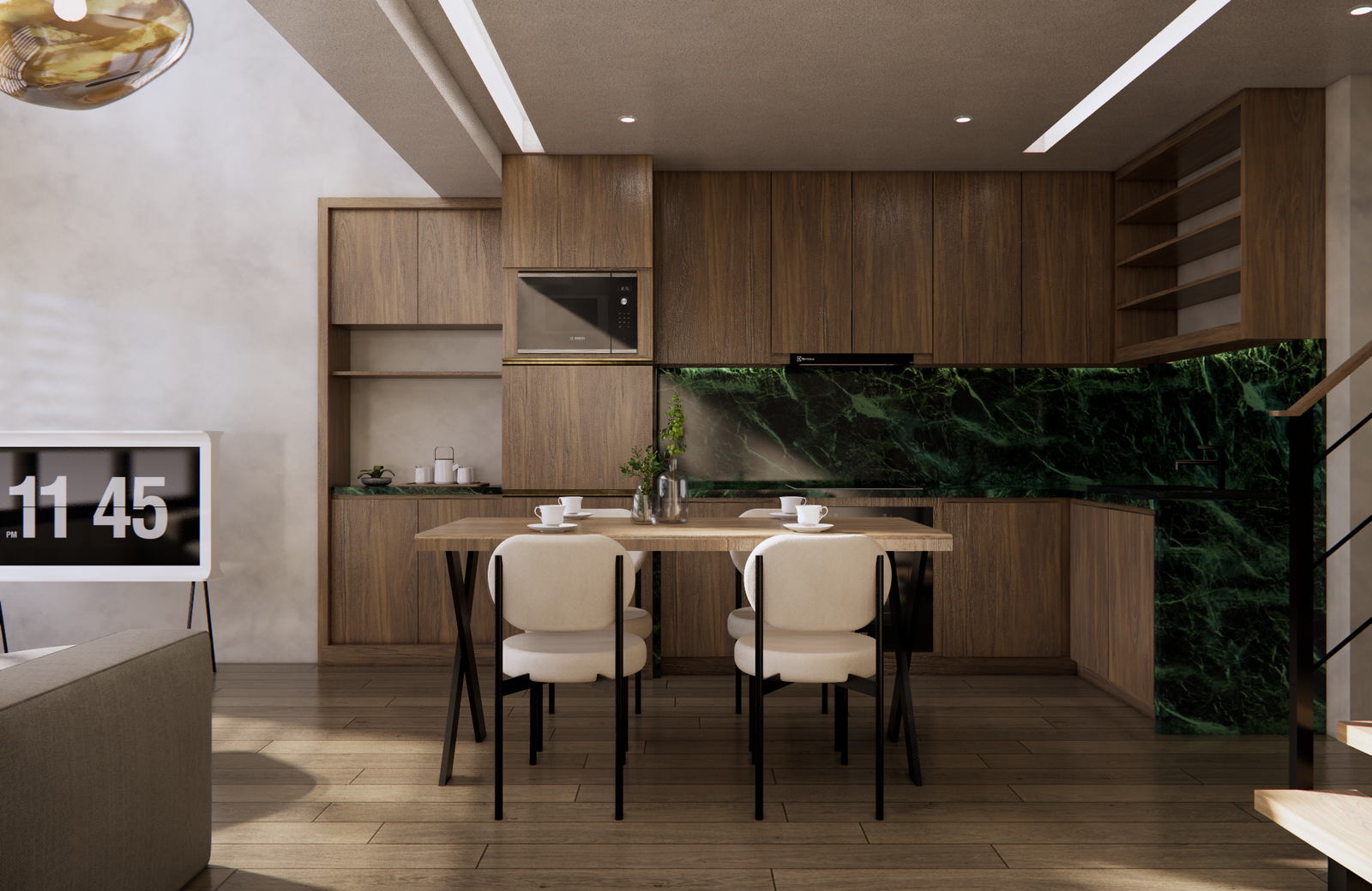 Rendered kitchen and dining interior