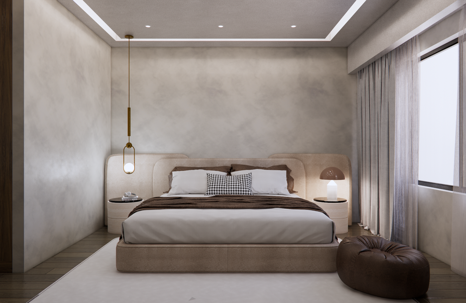 Rendered bedroom interior with soft lighting